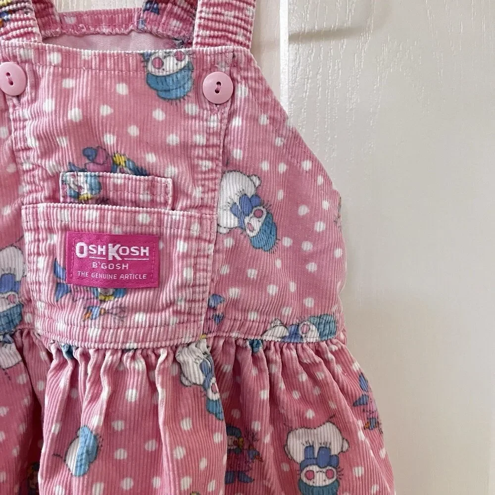 Vintage Oshkosh B'Gosh Pink Corduroy Snowman Overall Dress USA Girls 18 Months